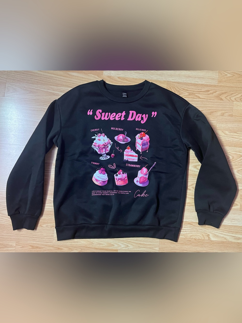 SHEIN Black Crewneck Sweatshirt with Pink 'Sweet Day' Dessert Graphic